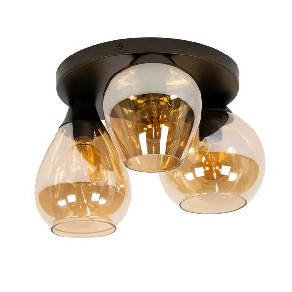 Plafonnier verre ambré métal bronze 3 lampes NOVA