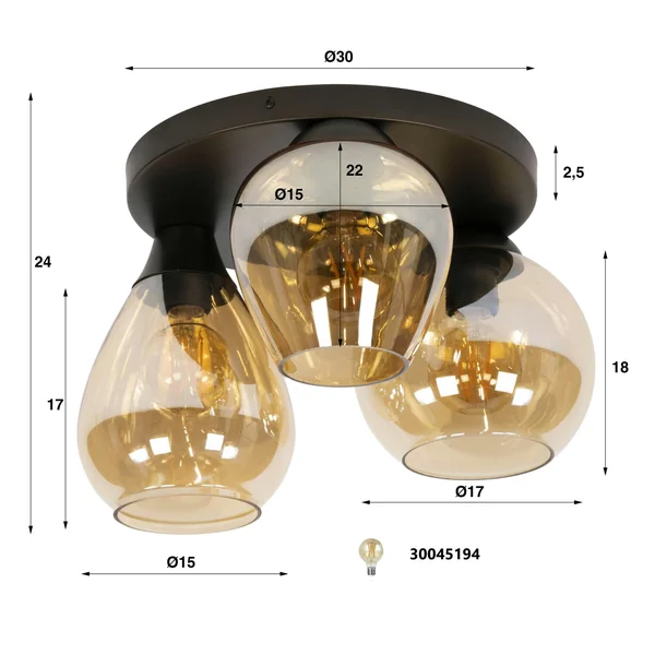 Plafonnier verre ambré métal bronze 3 lampes NOVA