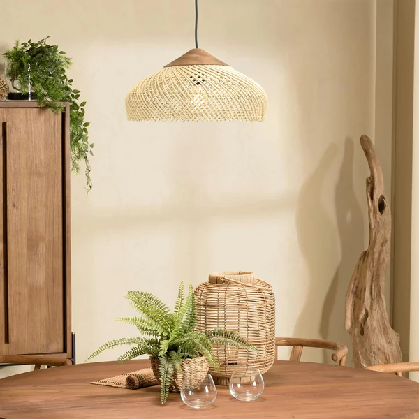 Suspension 40x40cm en rotin couleur naturelle et teck recyclé FOLELLI