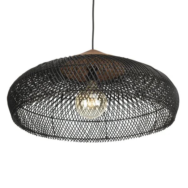 Suspension 65x65cm en rotin couleur noire et teck recyclé FOLELLI