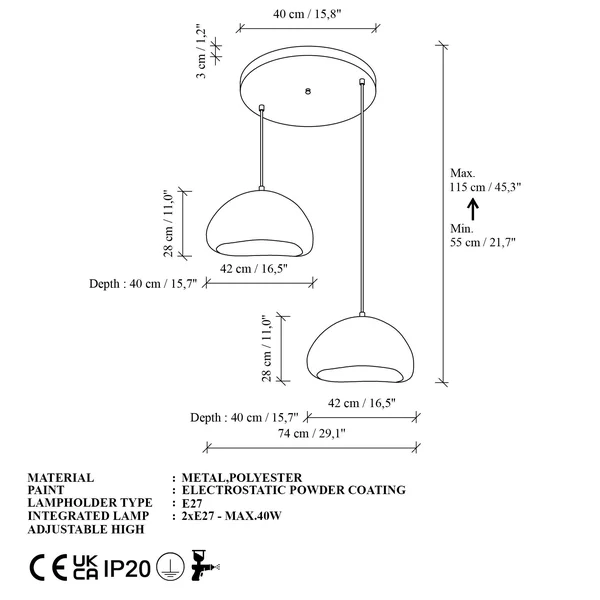 Suspension blanche design organique 2 abat-jour 74 cm NOXIS