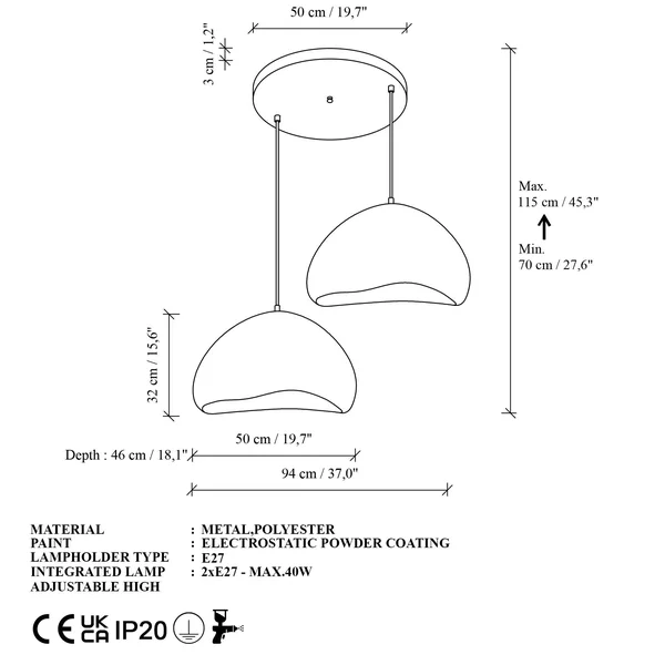 Suspension blanche design organique 2 abat-jour 94 cm NOXIS
