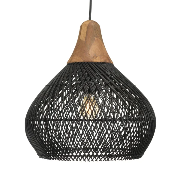 Suspension cloche 40x40cm en rotin couleur noire et teck FOLELLI