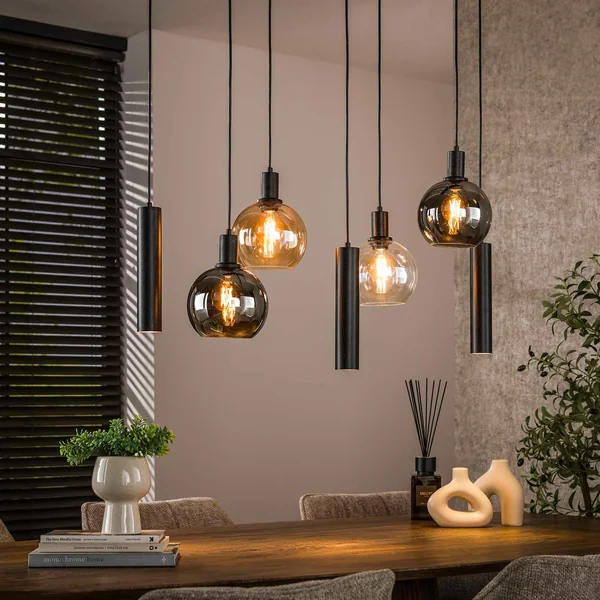 Suspension cuisine vintage - 4 globes verre, 3 cylindres NOVA
