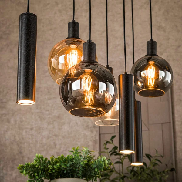 Suspension cuisine vintage - 4 globes verre, 3 cylindres NOVA