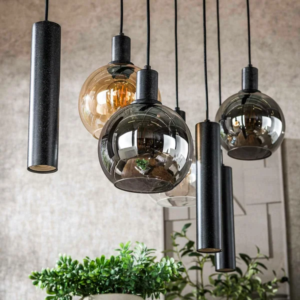 Suspension cuisine vintage - 4 globes verre, 3 cylindres NOVA
