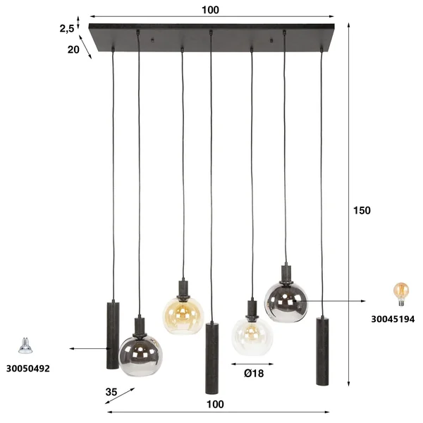 Suspension cuisine vintage - 4 globes verre, 3 cylindres NOVA