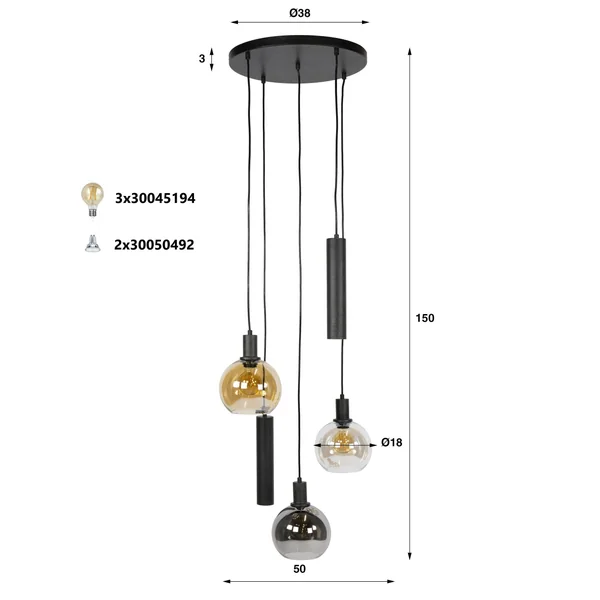 Suspension grande hauteur verre tricolore métal 5 lampes NOVA
