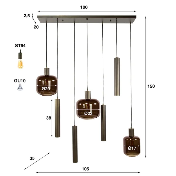 Suspension moderne 7 lampes en verre brun Broz