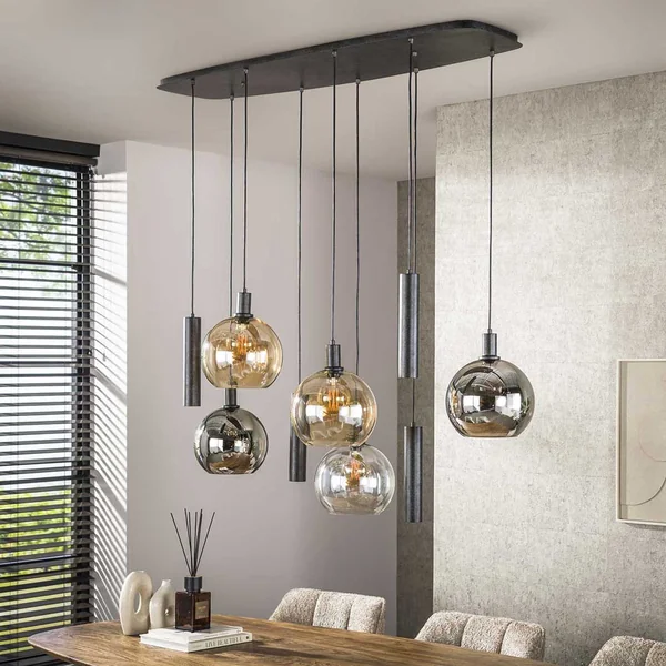 Suspension moderne 9 lampes en verre tricolore Féerie