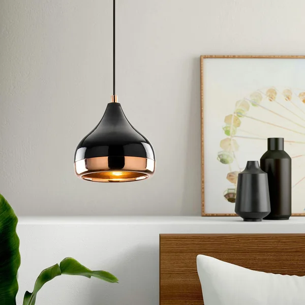 Suspension moderne laquée noire et cuivre, forme goutte SILE