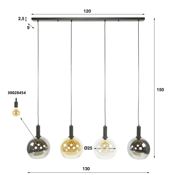 Suspension îlot cuisine 4 globes multicolores NOVA