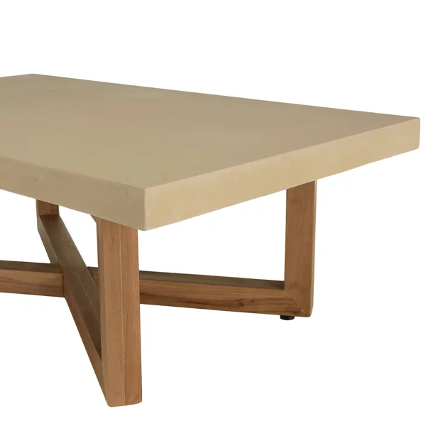 Table basse 120x70cm en béton beige pieds croisés en teck DIKA