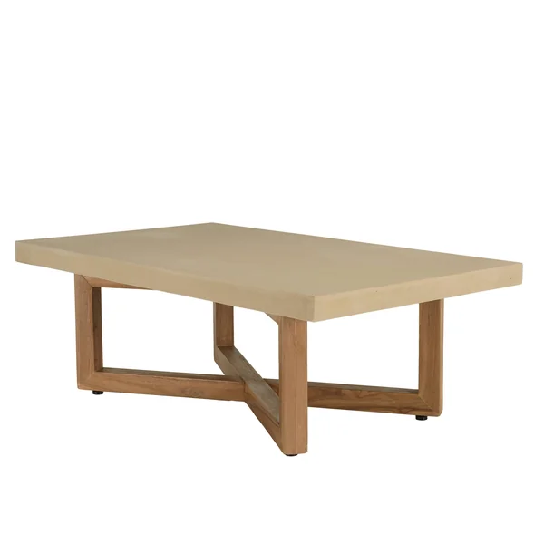 Table basse 120x70cm en béton beige pieds croisés en teck DIKA