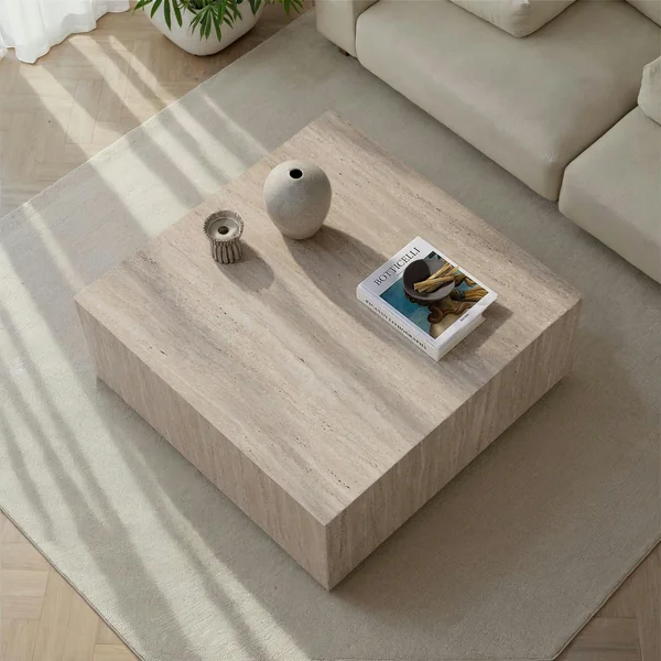 Table basse carrée effet travertin roulettes invisibles MARFA