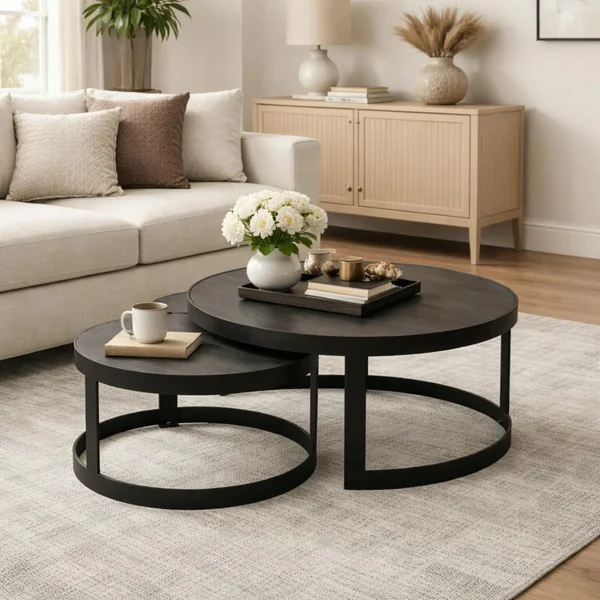 Table basse gigogne bois noir à rebord épais (lot de 2) ALMA
