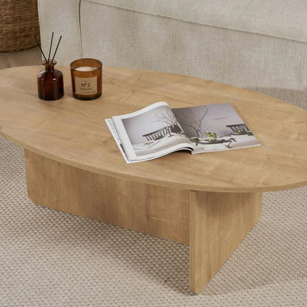 Table basse moderne ovale effet bois clair – pied en T MARFA