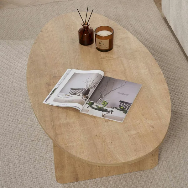 Table basse moderne ovale effet bois clair – pied en T MARFA