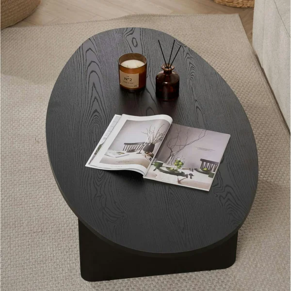 Table basse moderne ovale effet bois noir – pied en T MARFA