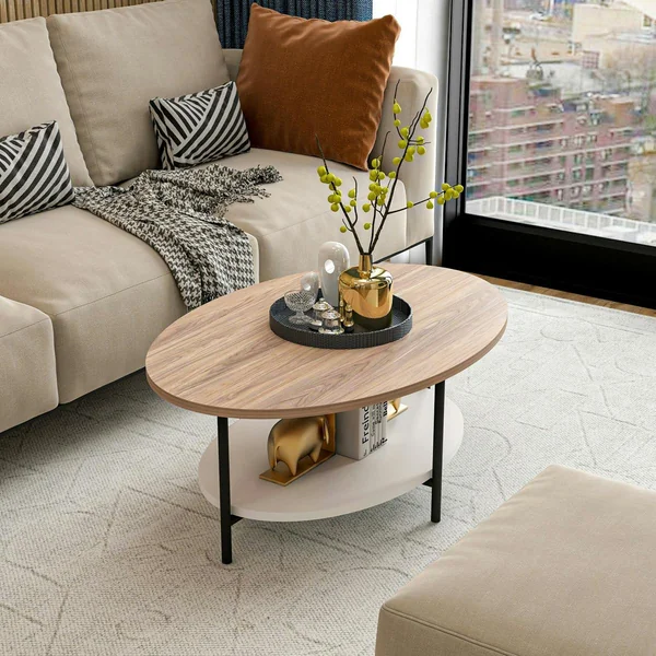 Table basse ovale double plateau effet bois et blanc JENA
