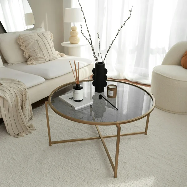 Table basse ronde design - verre fumé & métal doré TULUM