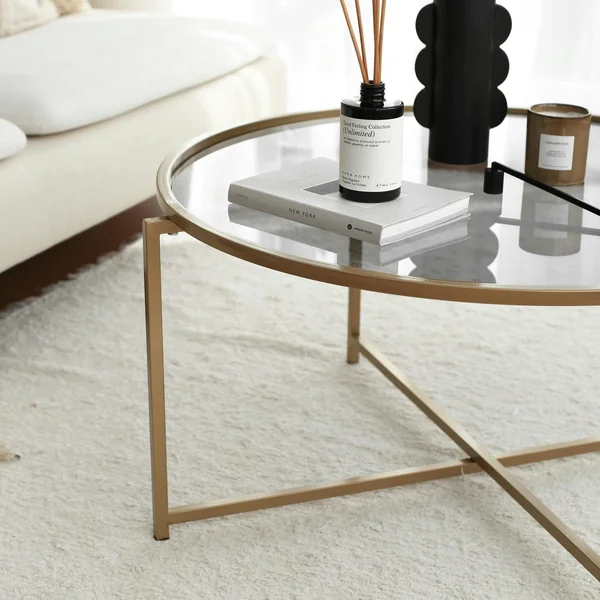 Table basse ronde design - verre fumé & métal doré TULUM
