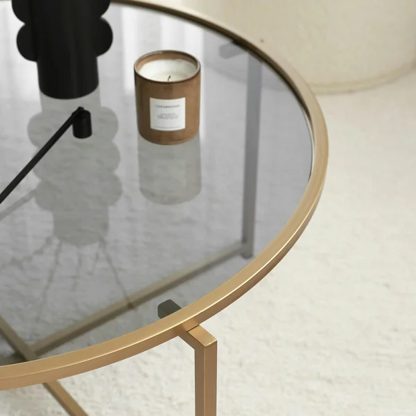 Table basse ronde design - verre fumé & métal doré TULUM