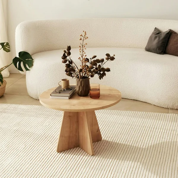 Table basse ronde effet bois clair & pieds trapèze MARFA