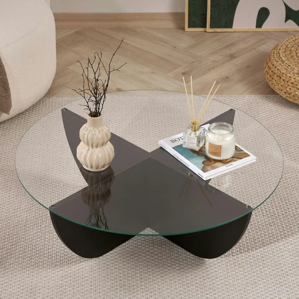 Table basse ronde en verre pied croisé effet bois noir SALTA