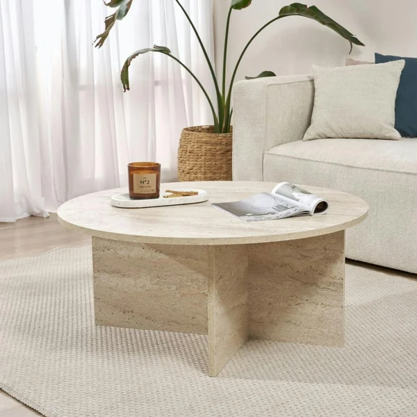Table basse ronde minimaliste - effet travertin MARFA
