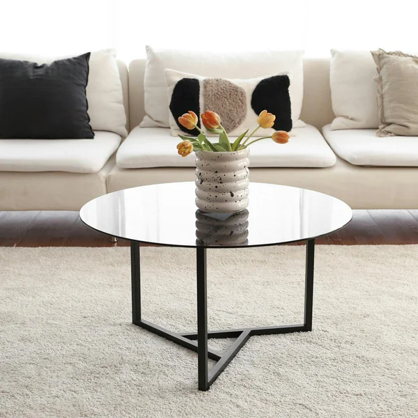 Table basse ronde verre fumé, pied noir 3 branches TULUM