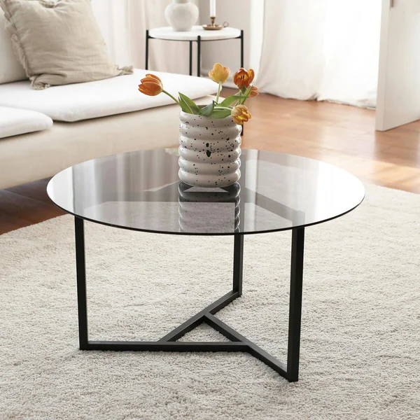 Table basse ronde verre fumé, pied noir 3 branches TULUM
