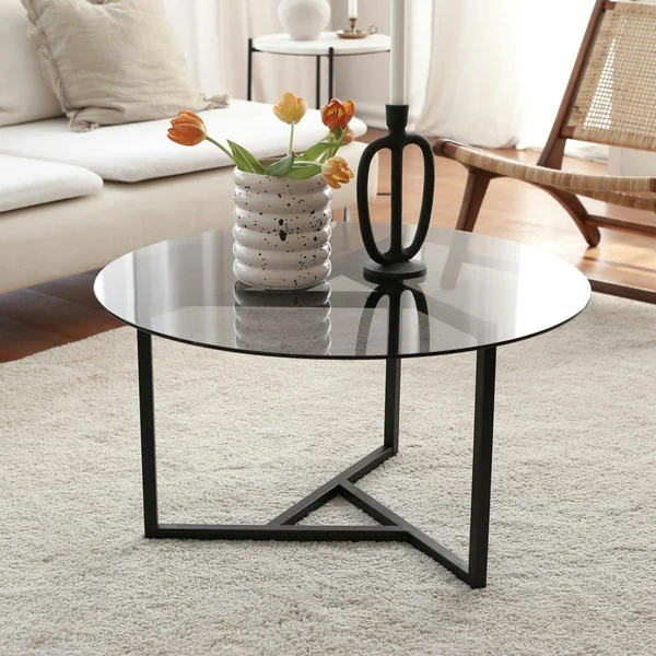 Table basse ronde verre fumé, pied noir 3 branches TULUM