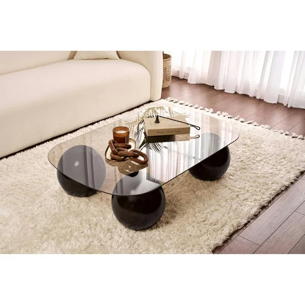 Table basse verre ambré bords arrondis - 4 pieds noirs KOCHI