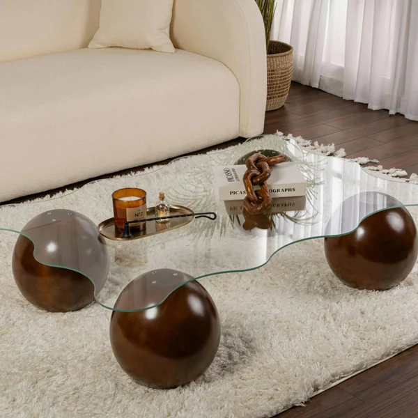 Table basse verre design organique 4 pieds boule KOCHI