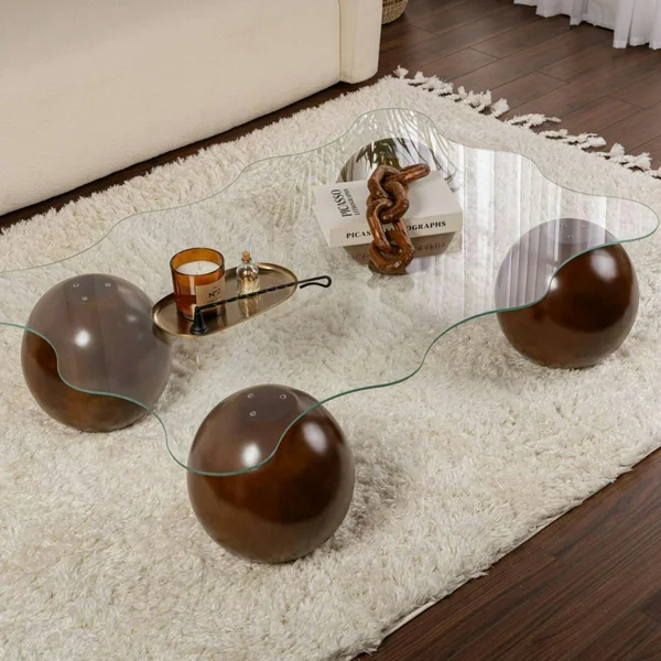 Table basse verre design organique 4 pieds boule KOCHI