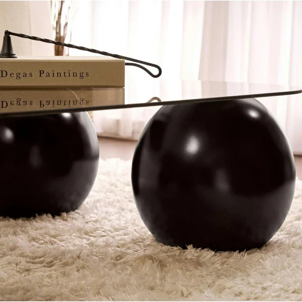 Table basse verre gris bords arrondis - 4 pieds noirs KOCHI