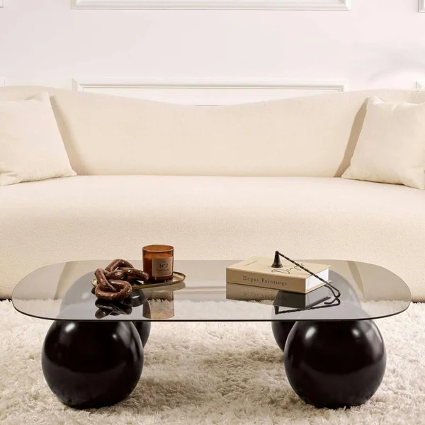 Table basse verre gris bords arrondis - 4 pieds noirs KOCHI