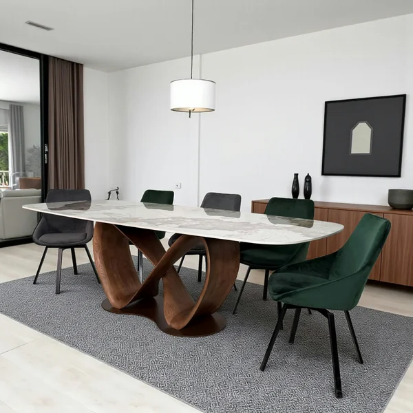 Table céramique marbrée pied ruban bois brun 220 cm ALDER