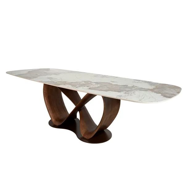Table céramique marbrée pied ruban bois brun 220 cm ALDER