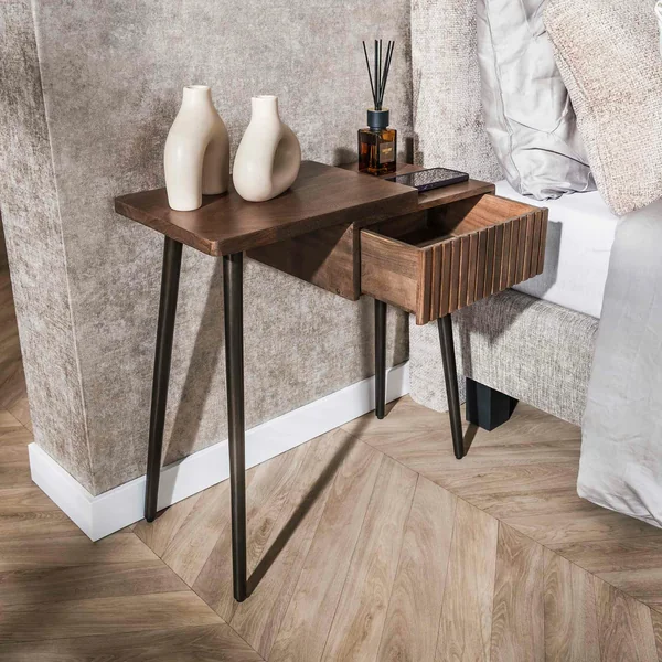 Table de chevet bois brun 2 plateaux & tiroir rainuré (G) NAKO