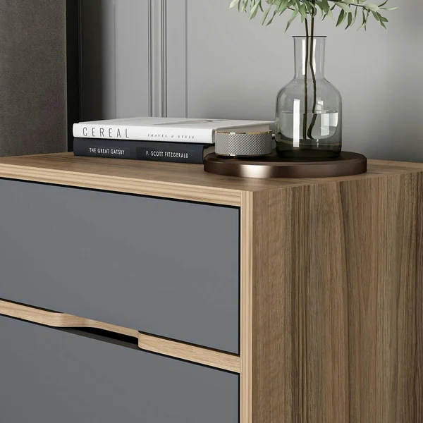 Table de chevet moderne 2 tiroirs décor bois et gris BYRON