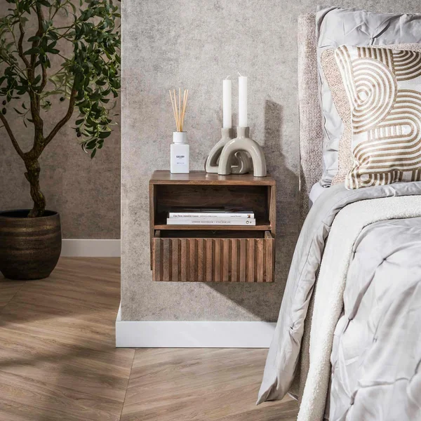 Table de chevet murale bois brun, tiroir & niche NAKO