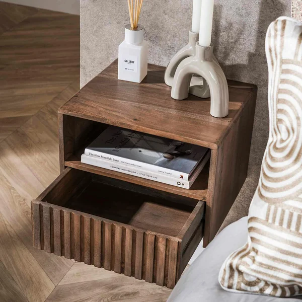 Table de chevet murale bois brun, tiroir & niche NAKO