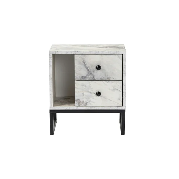 Table de nuit 2 tiroirs 1 niche, effet marbre blanc JENA