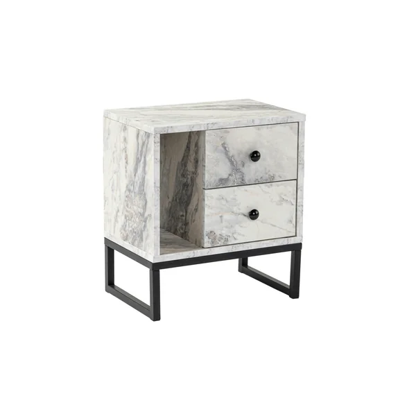 Table de nuit 2 tiroirs 1 niche, effet marbre blanc JENA