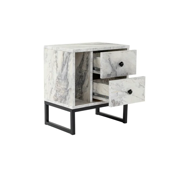 Table de nuit 2 tiroirs 1 niche, effet marbre blanc JENA