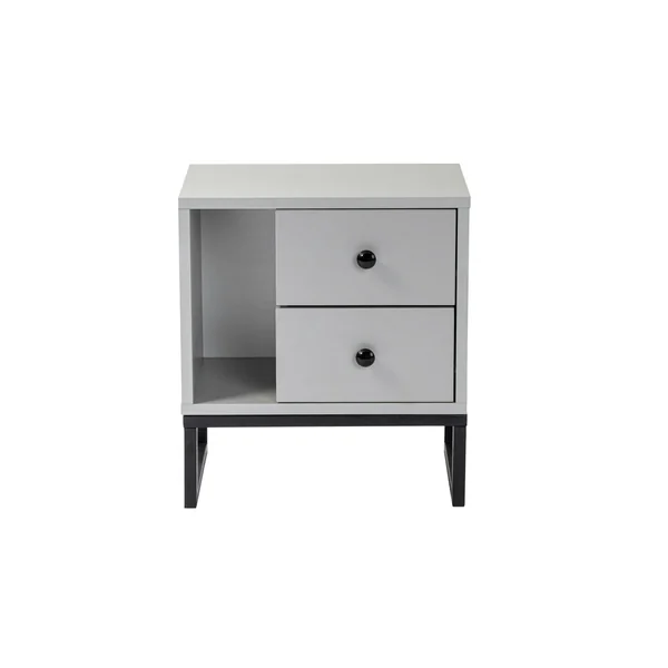 Table de nuit 2 tiroirs, 1 niche - gris effet laque JENA