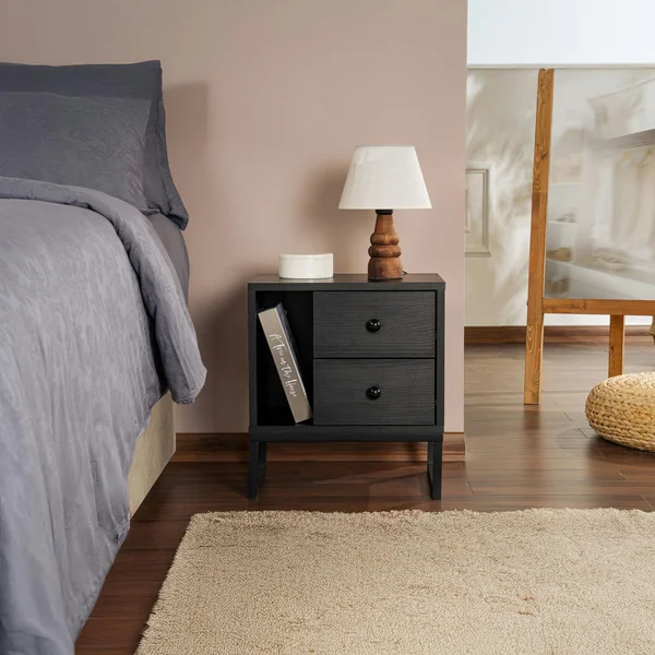 Table de nuit noire effet bois - 2 tiroirs, 1 niche JENA