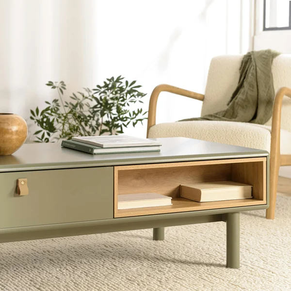 Table de salon 2 tiroirs bois vert nature GUILIN